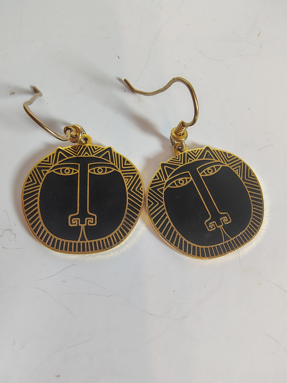 Vtg Laurel Burch Moon Tiger Cat Dangle Earrings Black Gold Tone Signed Enamel
